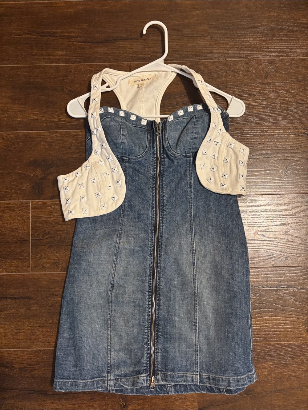 Steve Madden Blue Denim Zip-Front Dress with White Studded Accents